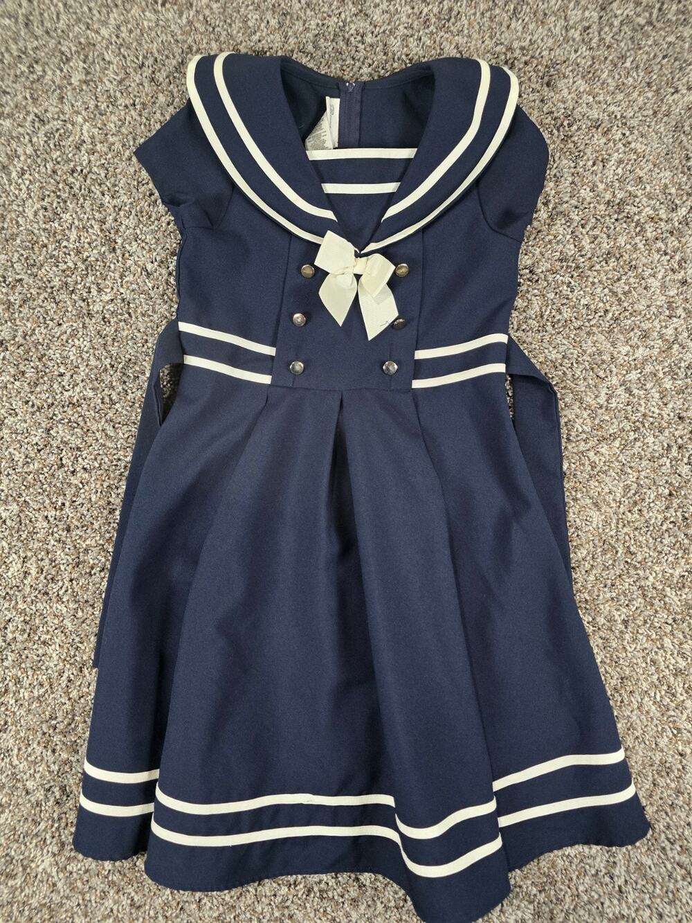 Vintage 1990s Bonnie Jean Girls Sz 14 Sailor Style Dress Navy Blue Short Sleeve